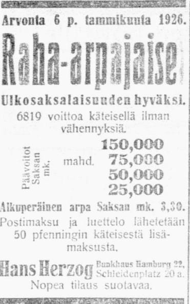 Kalevassa mainostettiin arpajaisia ulkosaksalaisuuden hyväksi.