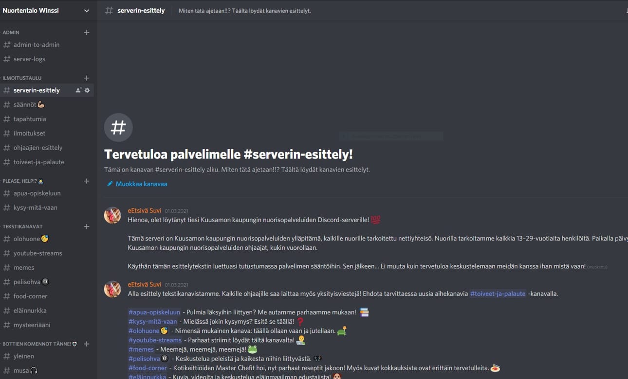 Kuusamon nuortentalo Winssin Discord-palvelimen sisällön esittelysivulla näyttää tältä. Palvelimelle pääsee kutsulinkillä, jota kaupungin nuorisopalvelut jakaa some-kanavissaan.