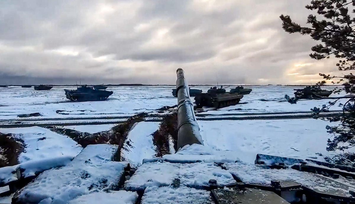 Yhdysvaltain ja sotilasliitto Naton arvion mukaan noin 30 000 venäläissotilasta osallistuu yhteisharjoituksiin Valko-Venäjällä lähellä Ukrainan rajaa. LEHTIKUVA/AFP/RUSSIAN DEFENCE MINISTRY