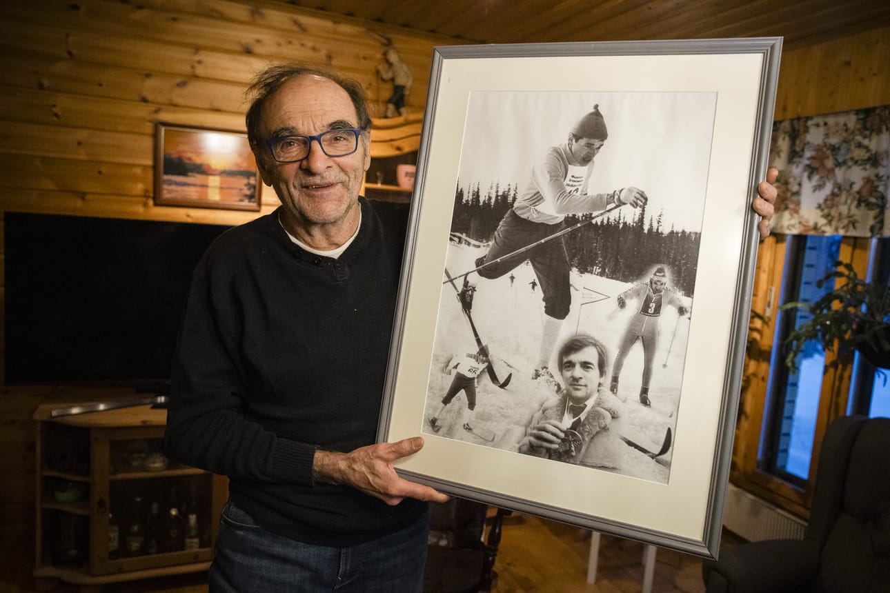 Pertti Teurajärvi on aikoinaan saanut Lapin Kansalta lahjaksi taulun, jossa on kuvia hänen hiihtouransa varrelta.