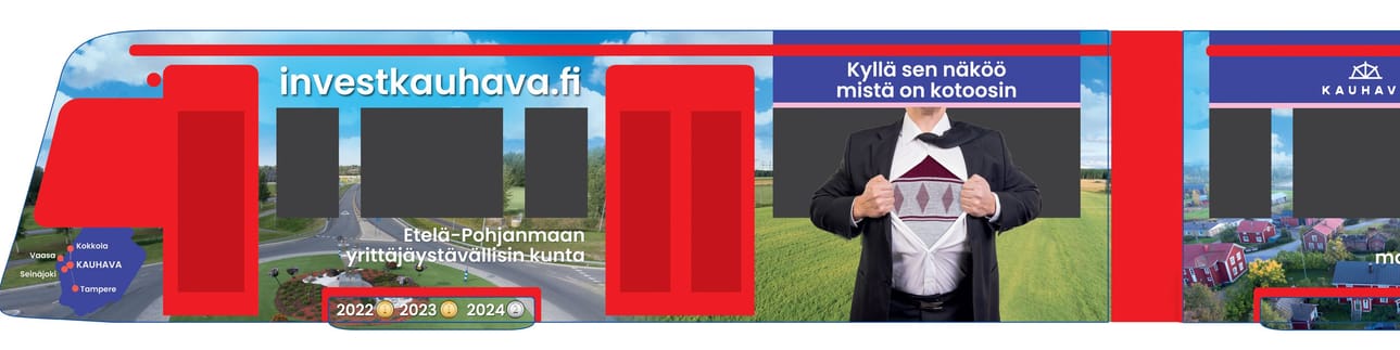 Viime joulukuussa alkanut Kauhavan kaupungin uusi markkinointikampanja laajenee Tampereella raitiovaunuliikenteeseen. Havainnekuvien punaiset alueet ovat suoja-alueita, joita ei jää näkyviin teippauksen valmistuttua.