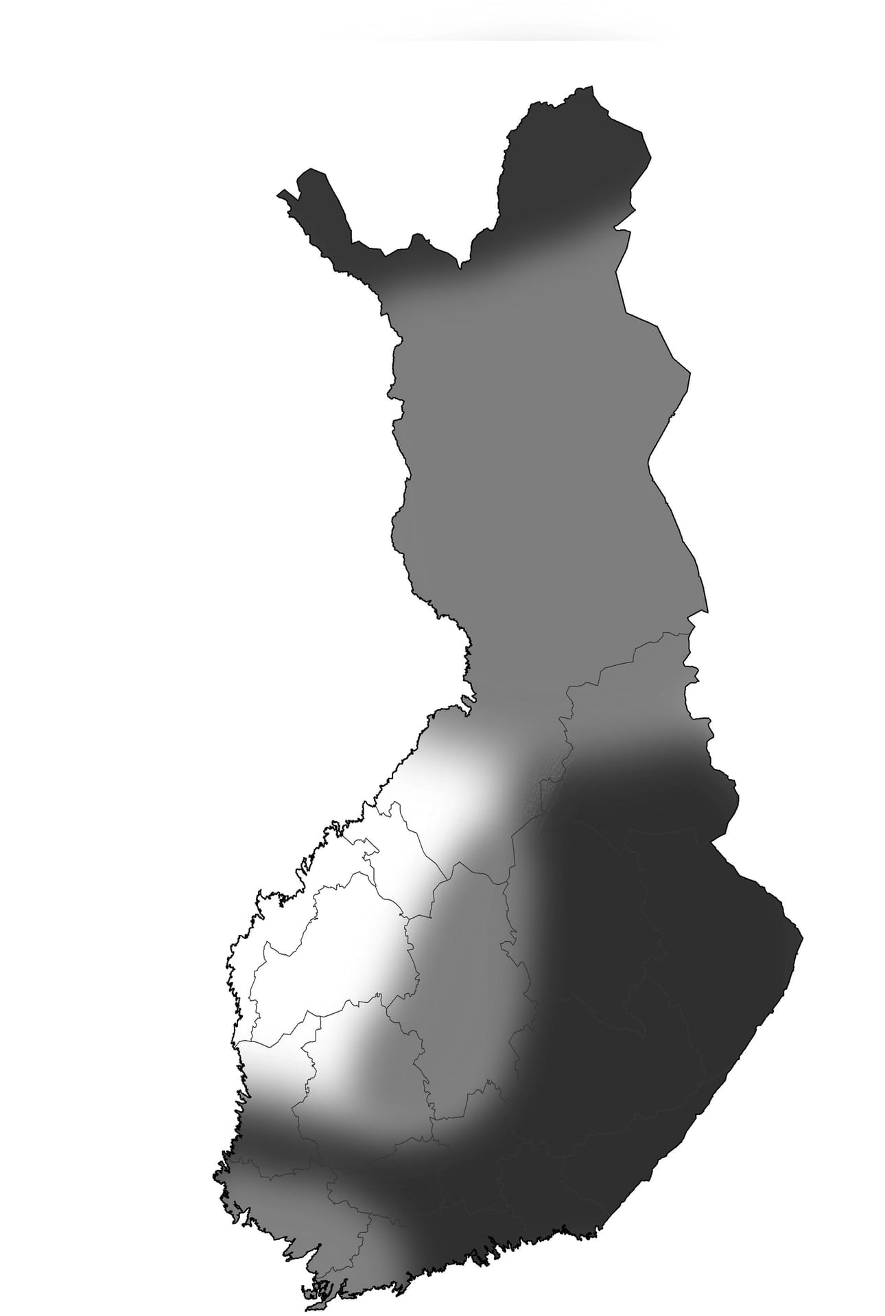 Suomen myyrätilanne syksyllä 2019. Mitä tummempi alue, sitä enemmän myyriä.