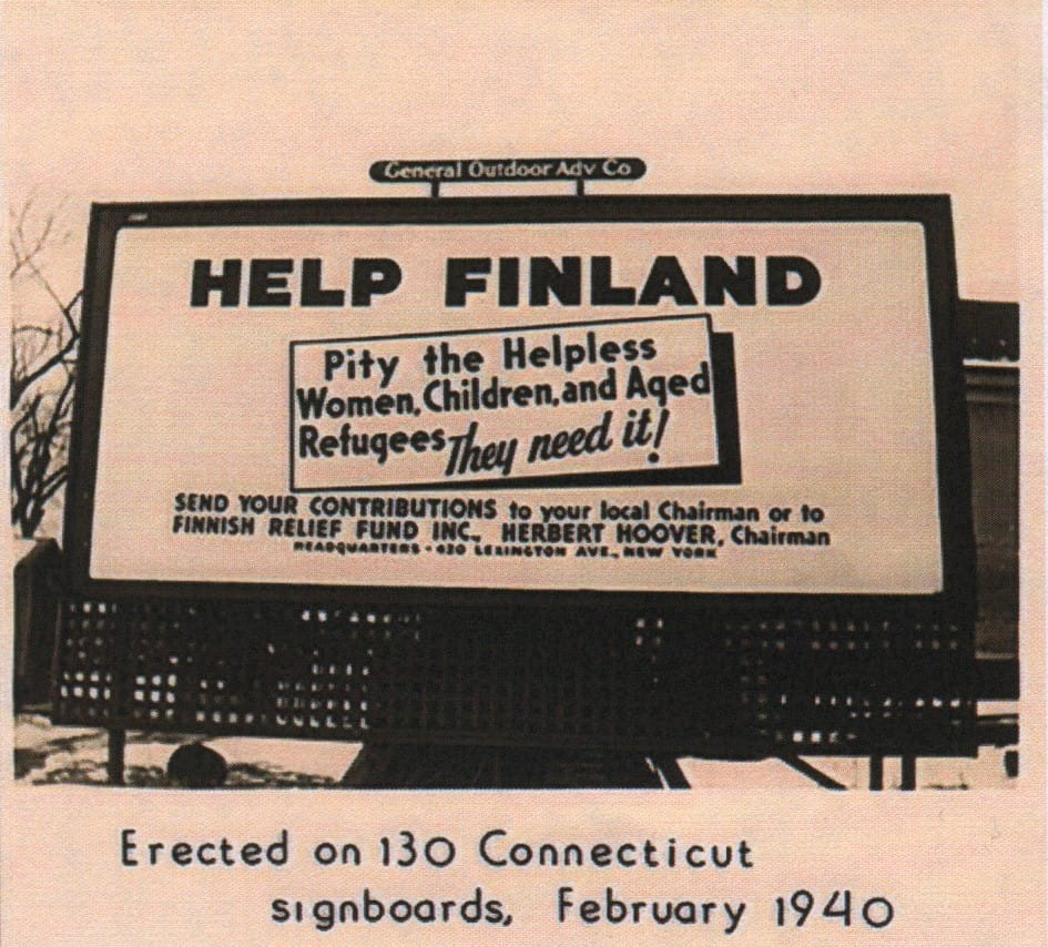 Suuret ulkomainokset vetosivat yhdysvaltalaisiin talvella 1940: Suomi tarvitsee tukeanne. Samaan aikaan viriteltiin myös radikaalimpia toimia.
