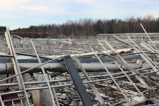 Kaukolämpöyhtiö Kaskisten Energia joutuu maksamaan sopimusrikkomuksesta kasvihuoneyhtiö Kaskö Trägårdsodlingille yli 300 000 euroa korvauksia. Asiasta on käyty oikeutta monta vuotta. Vuonna 2014 kasvihuoneet romahtivat lumen painosta ja tontti on edelleen siivoamatta. KUVA: LOTTA KALLIO