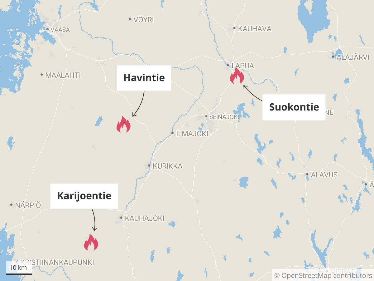 Maastopalot leimusivat Laihialla, Lapualla ja Kauhajoella