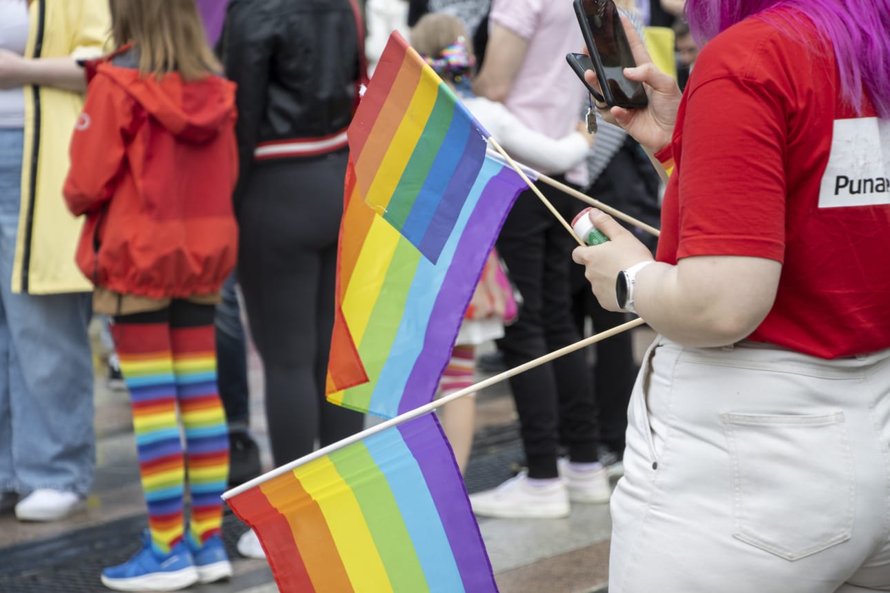 Prideliput liehuivat värikkäänä harmaata Seinäjokea vasten.