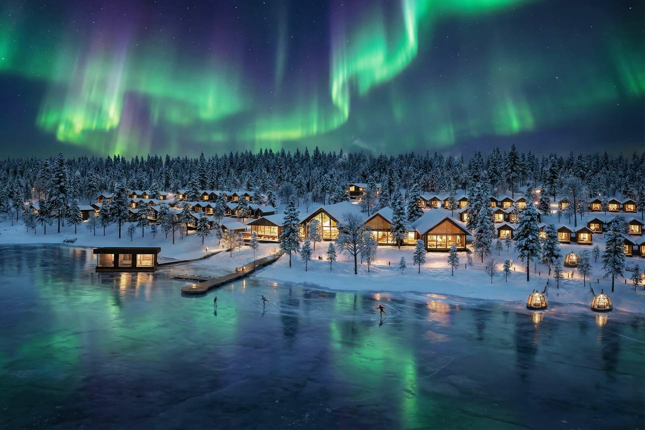 Havainnekuva esittelee Perunkajärvelle suunniteltua matkailukeskusta. Alueelle on tulossa kymmeniä majoitusyksikköjä.