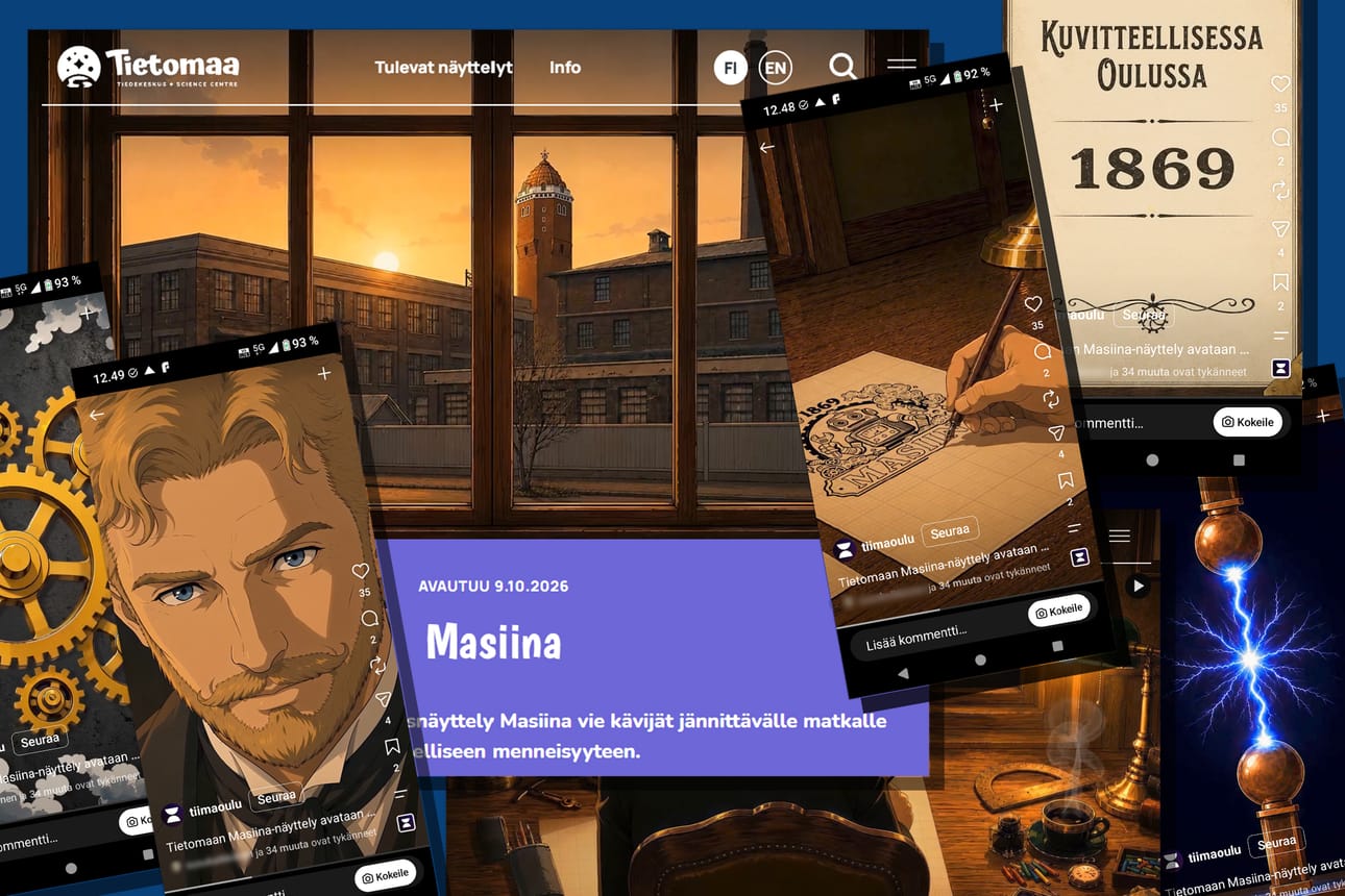 Kuvakaappauksia museo- ja tiedekeskus Tiiman näyttelyn markkinointivideosta, jonka tekemiseen on käytetty tekoälyä.
