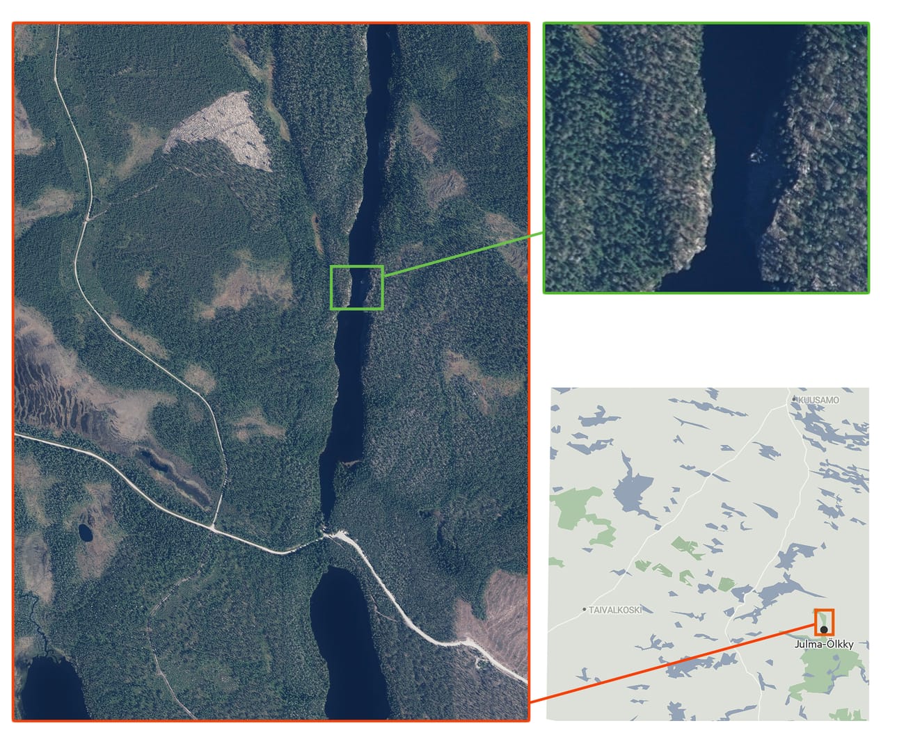Ilmakuvista hiidenkirnu löytyy järvestä läheltä kalliomaalausten jyrkännettä.