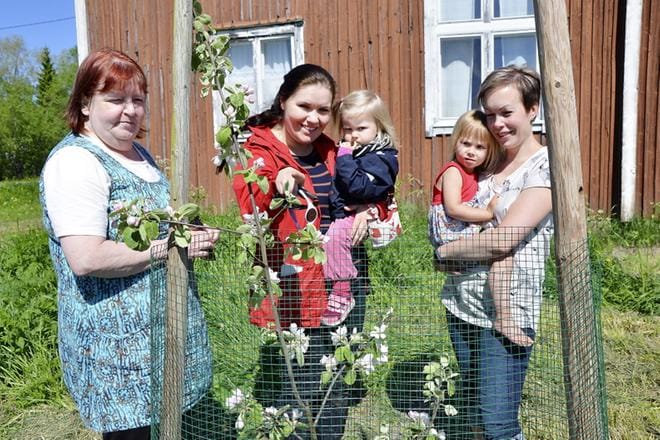 Elsi Viljanen, Pia Liukku ja Iiris Rintamäki sekä Niina ja Erin Niemi toivovat omenatarhan tuottavan iloa koko kylälle. KUVA: ANU KARPPI