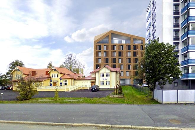 Hotelli Alman uusi hotellirakennus tulee vanhan hotellin lisärakennuksen taakse. Havainnekuva UKi-arkkitehdit