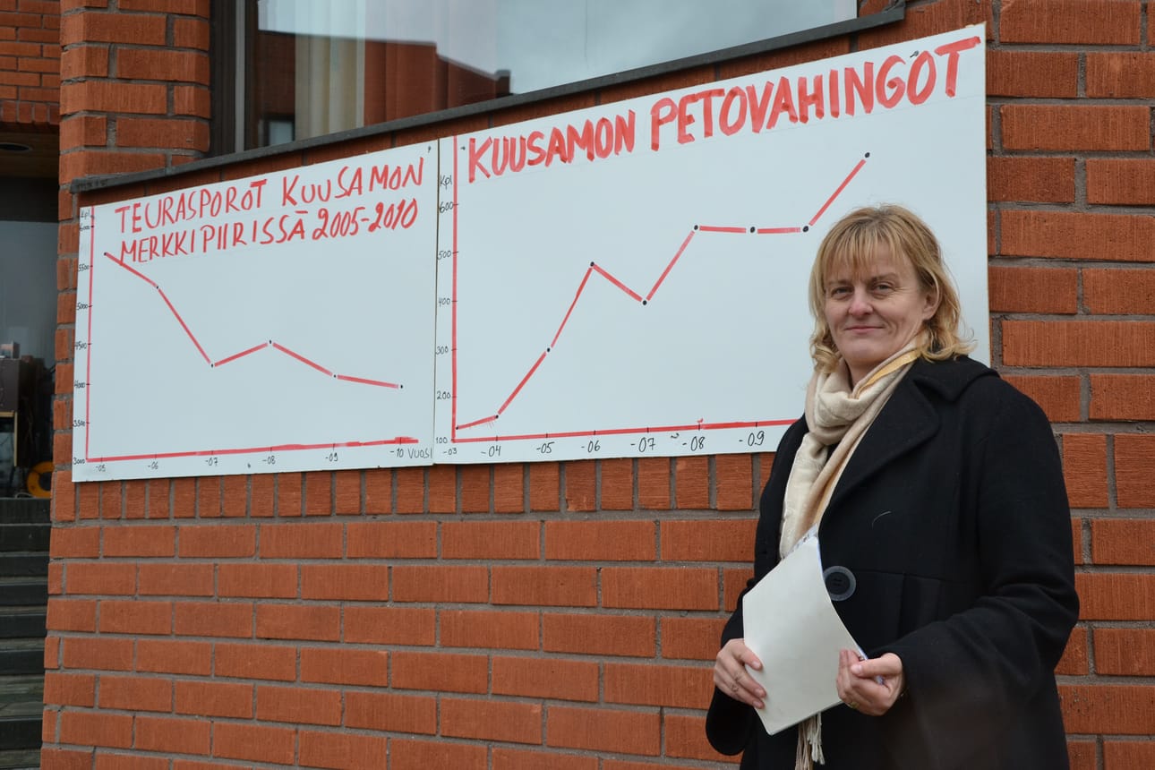 Pirkko Mattila kuvattuna petokorvauksiin liittyvässä mielenilmauksessa Kuusamossa vuonna 2014.