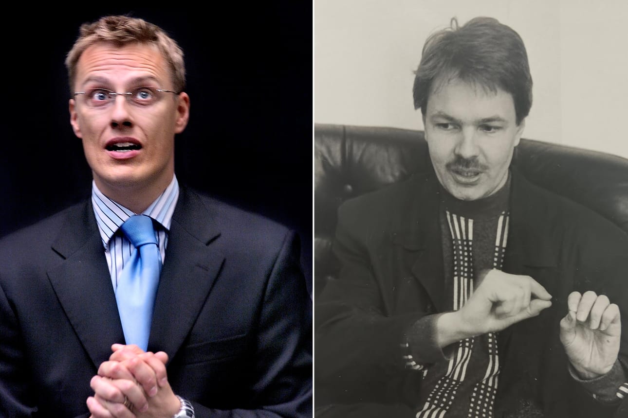 Kaksi tunnistettavaa siloposkea kamppailee presidenttiydestä. Europarlamentaarikko Alexander Stubb (kok.) syyskuussa 2005. Vuoden 1994 mustavalkokuvan selkämyksessä lukee: Pekka Haavisto, Vihreän liiton puheenjohtaja. Molemmat ovat kuvissa hieman alle nelikymppisiä.