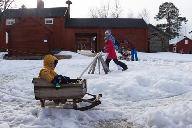 Martyna Giedraite ja Mante Ivanovaite, 10, tarttuivat vanhan jääkelkan vipuun Stundarsin ulkoilmamuseossa. Kyytiä sai Ivanovaiten veli Markas Ivanovas, 4. KUVAT: JENNI MÄKELÄ