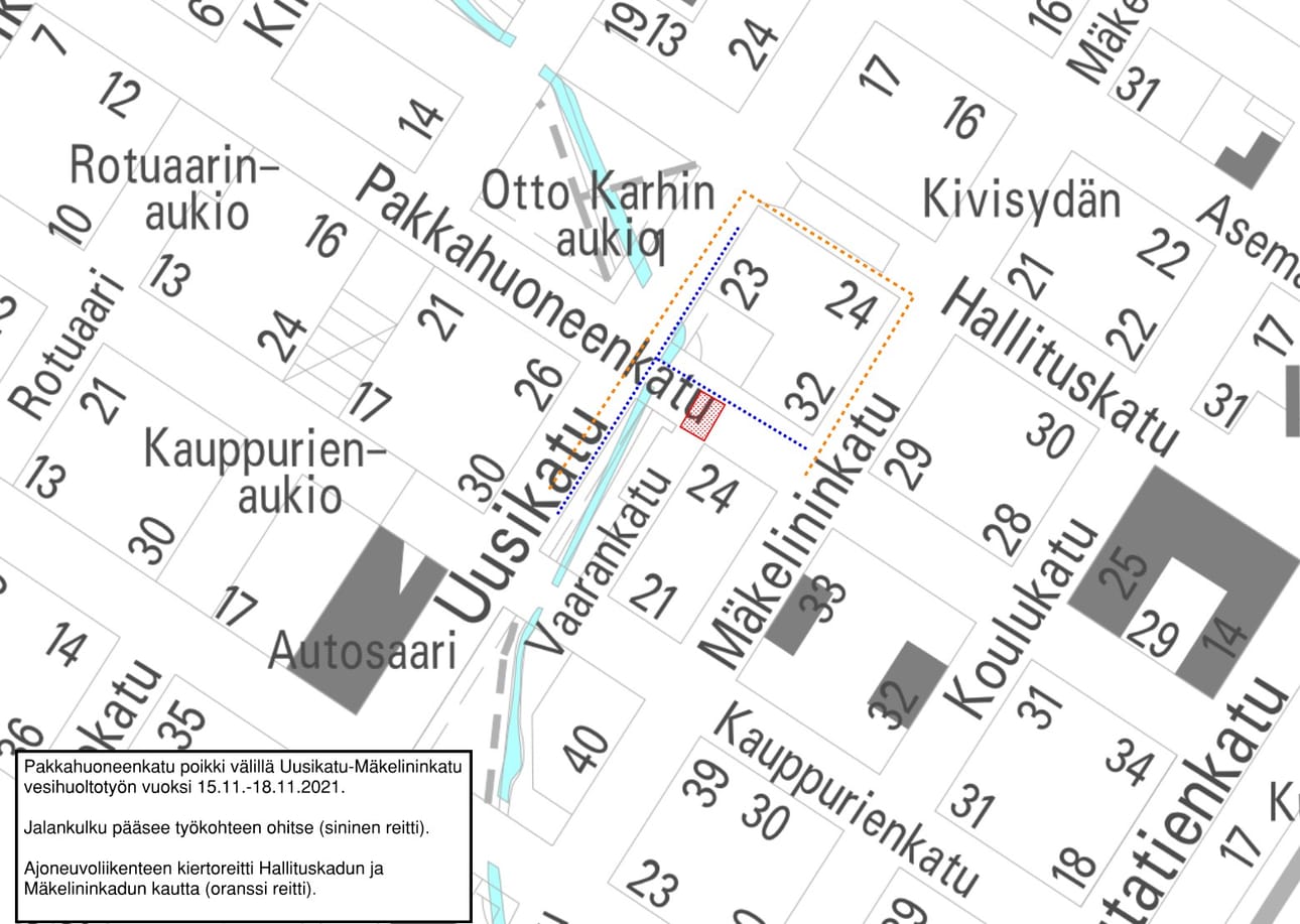 Oulun keskustassa tehdään liikennettä haittaavia töitä muun muassa Pakkahuoneenkadulla.