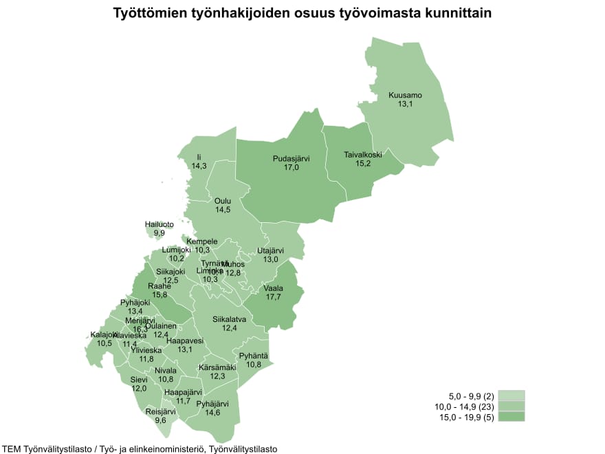 Karttakuva kertoo työttömien työnhakijoiden osuuden kunnittain joulukuussa 2020.