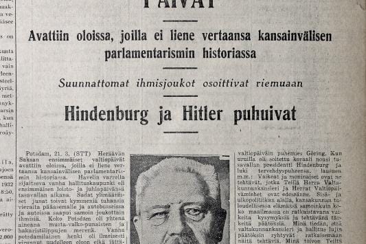 Saksan "heräämistä" seurattiin Ilkassa alkuvuodesta 1933 tarkasti. Kuvissa näkyivät hakaristit ja juutalaisiksi merkityt kauppaliikkeet. Presidentti Paul von Hindenburgin odotettiin hillitsevän kummallista Adolf Hitleriä. KUVA: KARI LÖFHJELM