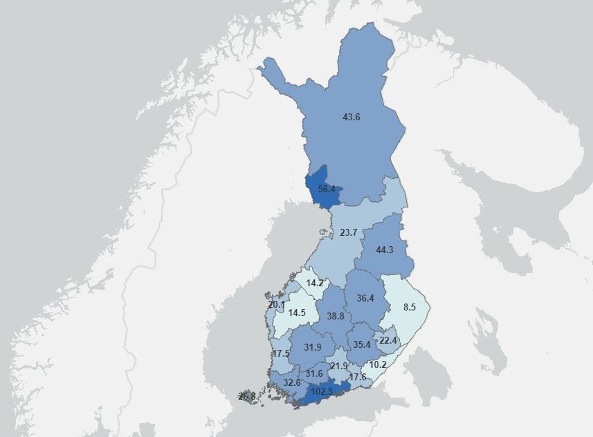 Varmistettujen koronatapausten ilmaantuvuus sairaanhoitopiireittäin (per 100 000 asukasta) pitkäperjantaina.