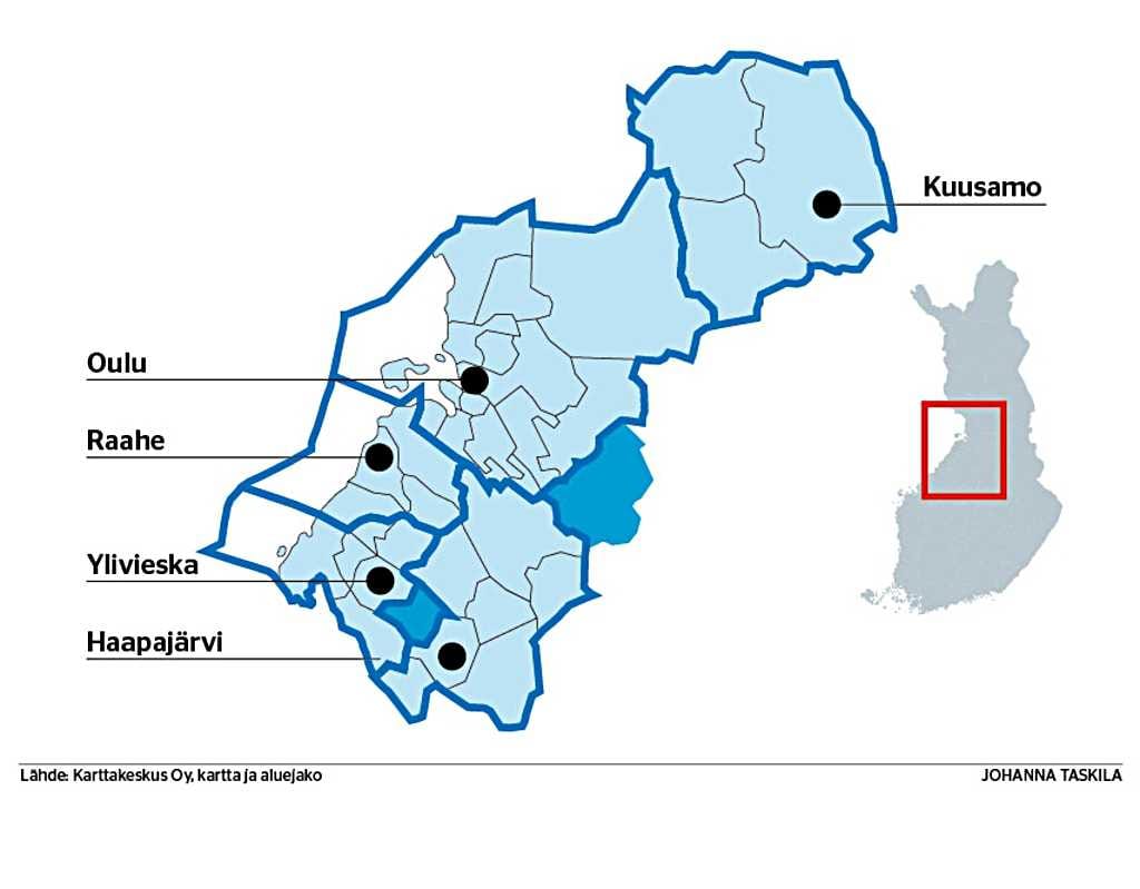 Valtiovarainministeriön työryhmän ehdotuksen jälkeen Pohjois-Pohjanmaan kuntakartta jakautuisi viiteen kuntaan. Kartassa on nimetty muutama maakunnan kaupunki.