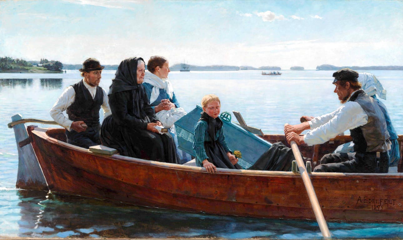 Albert Edelfelt, Lapsen ruumissaatto, 1879, öljymaalaus. Edelfelt löysi Pariisissa ulkoilmamaalauksen ja kansankuvauksen. Teos symboloi myös sortokauden tunnelmia Suomessa.