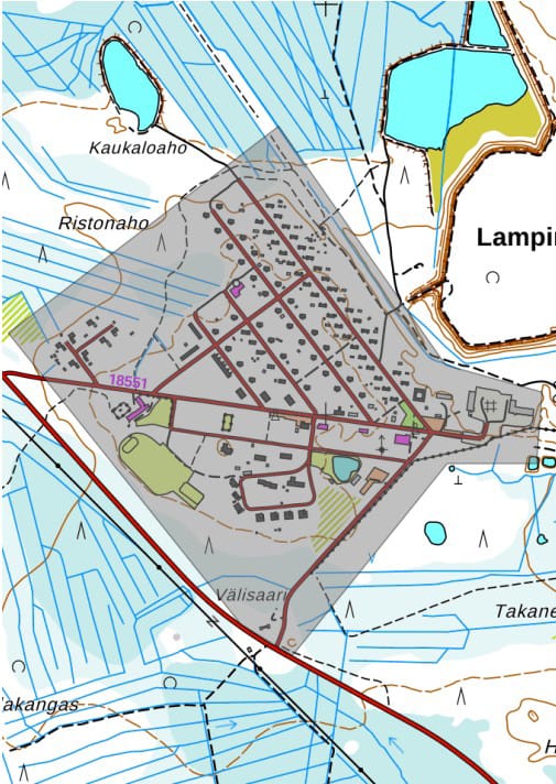 Talousveden keittokehotus koskee karttaan harmaalla merkittyä Lampinsaaren taajama-aluetta.