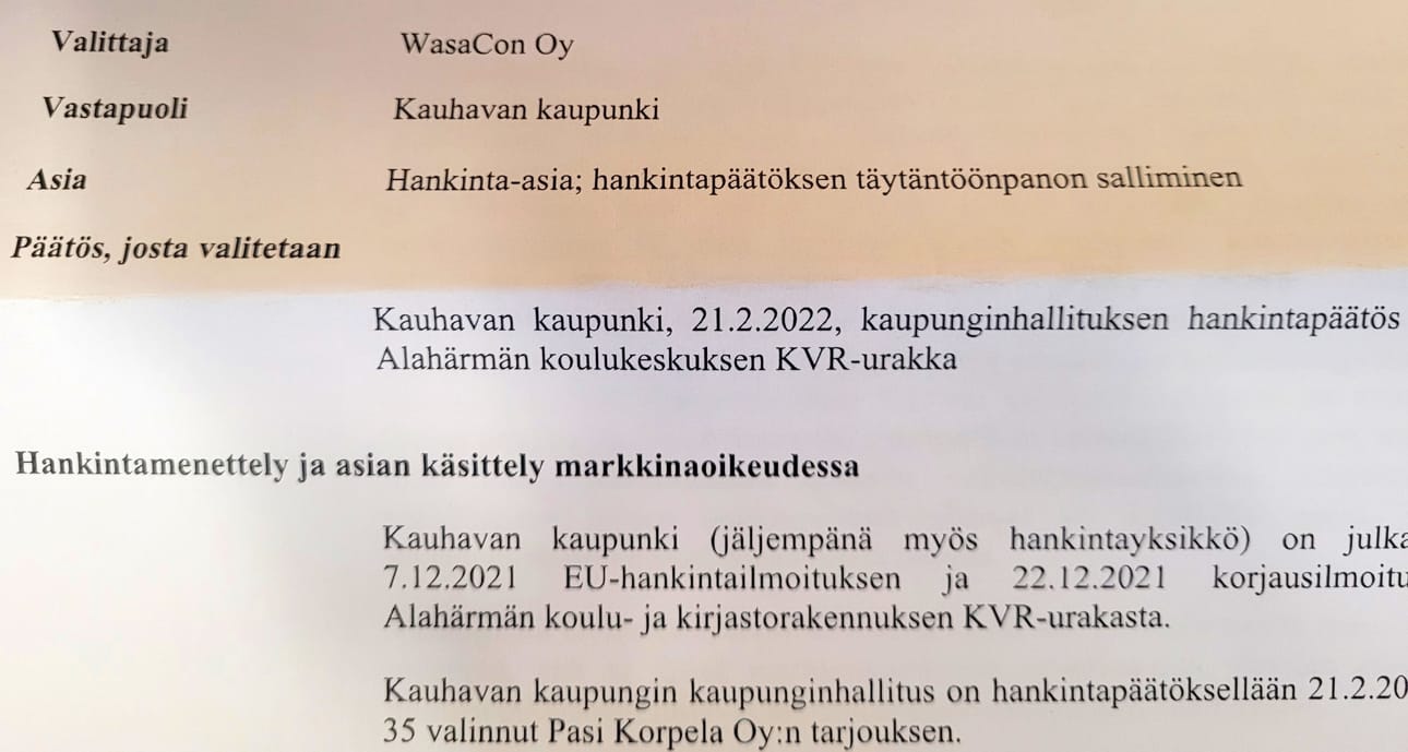 Alahärmän koulun urakka on suurin tämän vuoden kaupungin investonneista. Markkinaoikeus päätti 29.3. että urakka voidaan käynnistää sisällä olevasta valituksesta huolimatta.