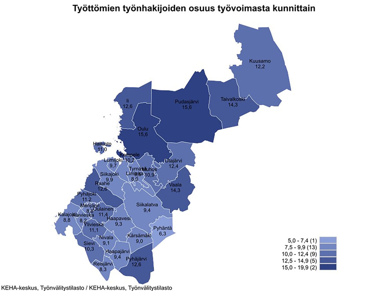 Pohjois-Pohjanmaan alueen kuntien työttömyysasteet heinäkuun lopussa.