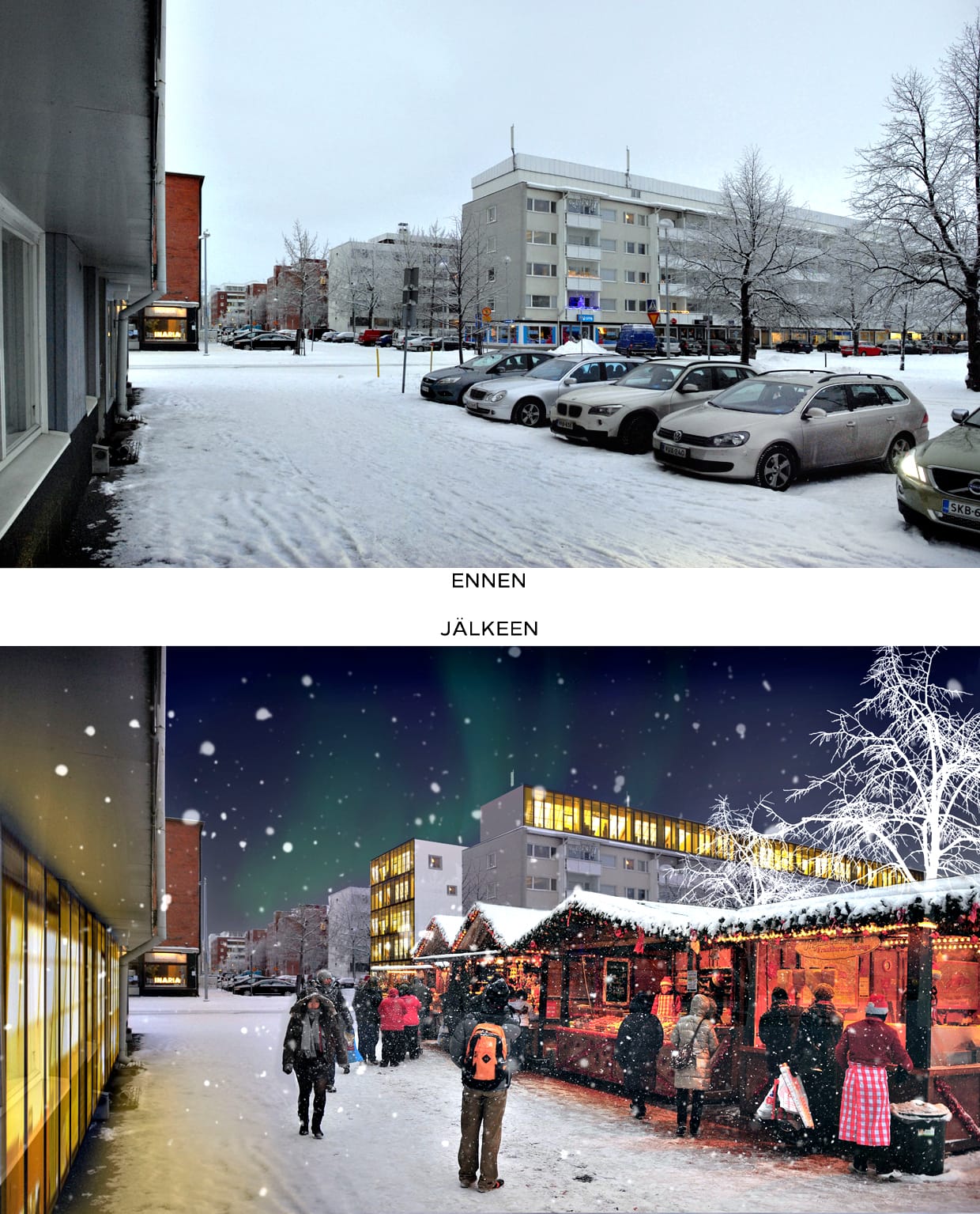 Pop-up kahvilat elävöittäisivät Heinätoria ympäri vuoden. Yläpuolella kuva paikasta nykyisessä asussaan.