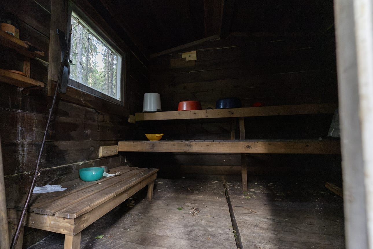 Saunan kunto on tyydyttävä, mutta kyllä se peseytymispaikkana toimii. Ikkunasta näkyy metsäkaistale, jonka takana on Koivujoki.