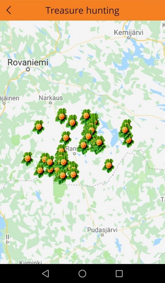 Ranua app näyttää pitäjän hillasuot älypuhelimessa. (Kuvakaappaus appsista)