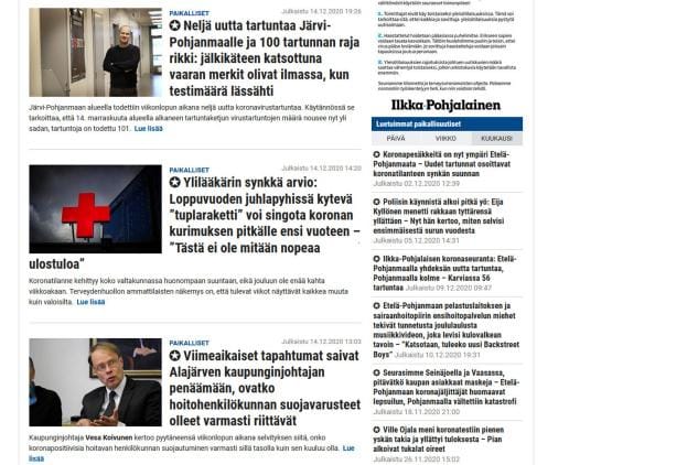 Tämä kuvakaappaus on otettu Ilkka-Pohjalaisen verkkosivuilta 15.12.2020 kello 16.