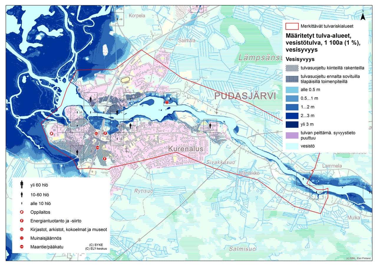 Pudasjärven keskustasta tehdyt tulvariskikartat valmistuivat vuoden 2013 lopulla. Kurenalla tulvariskikohteita on esimerkiksi Kuusamontie ja kirjasto, jonne vesi saattaa nousta erittäin harvinaisella tulvalla. Myös Rimminkankaan koulu saattaa jäädä huipputulvan aikana saarroksiin.