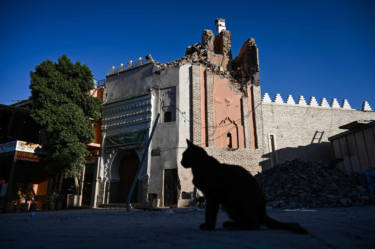 Yksi Marokon Marrakechin maanjäristyksessä vaurioituneista vanhankaupungin rakennuksista. LEHTIKUVA / AFP