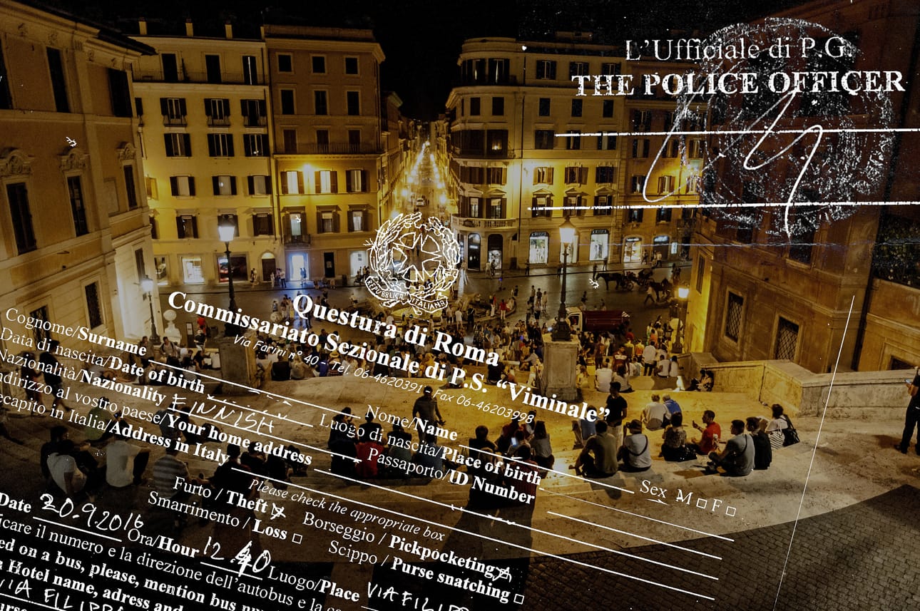 Rikoksen uhriksi joutuminen voi hoitua todella ongelmalliseksi vieraassa maassa. Kuvituksessa otte italialaisesta rikosilmoituksesta.