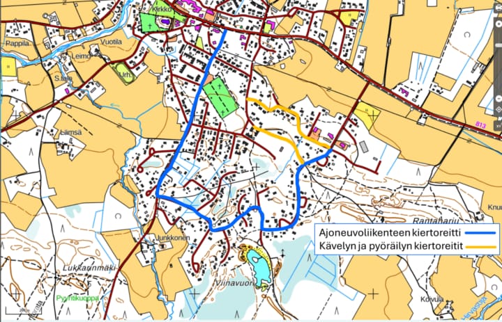 Luontotie on välillä poikki remontin vuoksi. Kuvassa kiertoreitit.