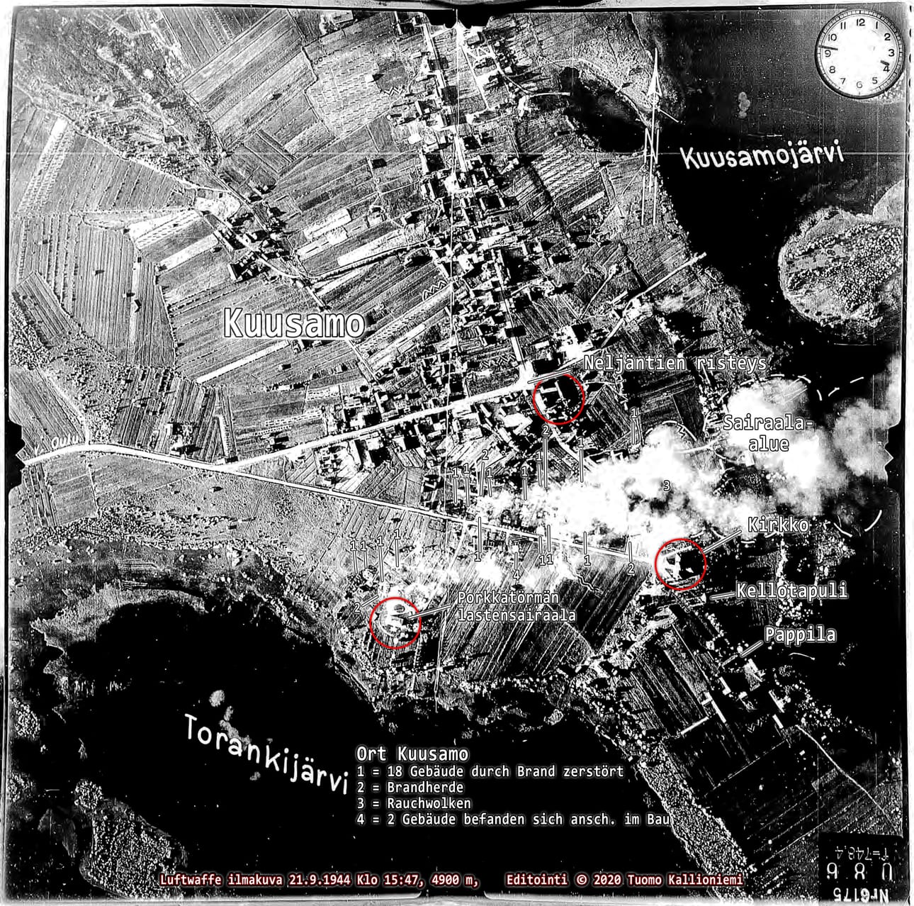 – Toinen tärkeä dokumentti kokoamieni todisteiden ketjussa on oheinen Luftwaffen 21.9.1944 ottama ilmakuva, joka osoittaa, että kirkonkylän talojen polttaminen alkoi Takamaantien (nyk. Kirkkotie) molemmin puolin,mutta Lopotin alueella rakennuspaloja ei ole näkyvissä, kirjoittaa Tuomo Kallioniemi.