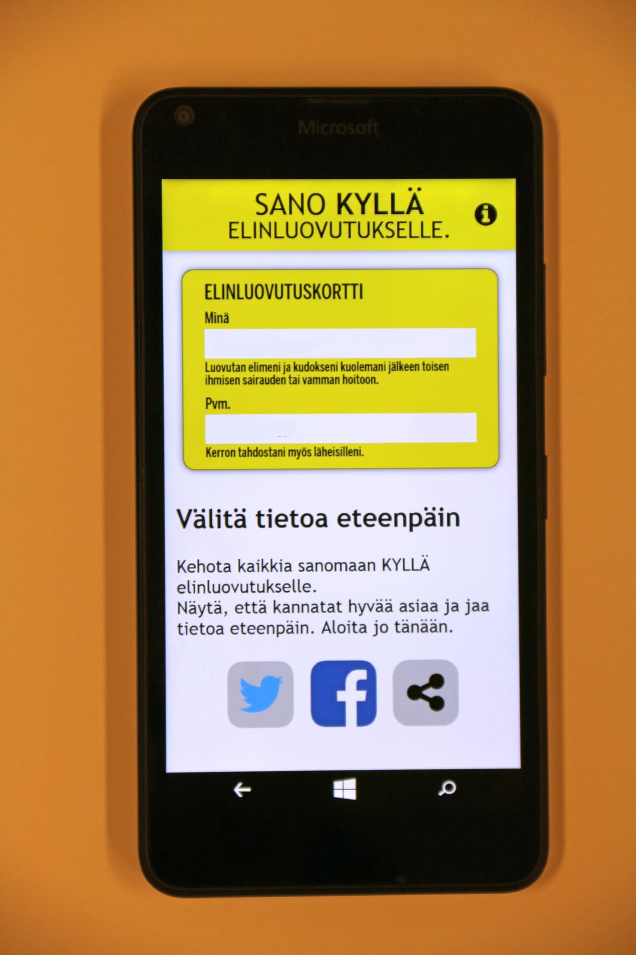Elinluovutustahdostaan voi kertoa sovelluksella tai perinteisellä kortilla.