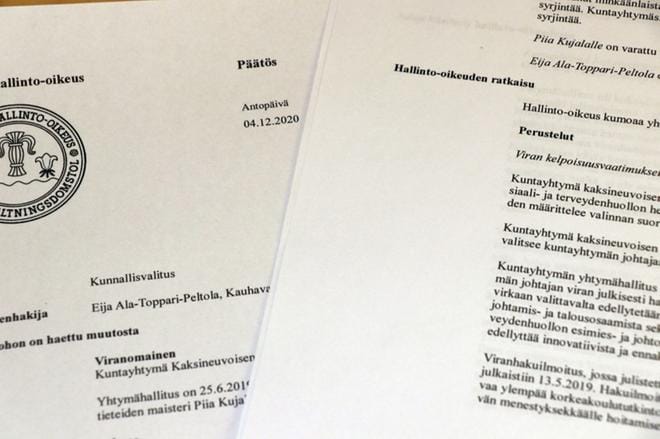 Postia Vaasan hallinto-oikeudesta, joka kumosi äskettäisellä päätöksellään Kaksineuvoisen yhtymähallituksen reilu vuoden takaisen johtajavalinnan.