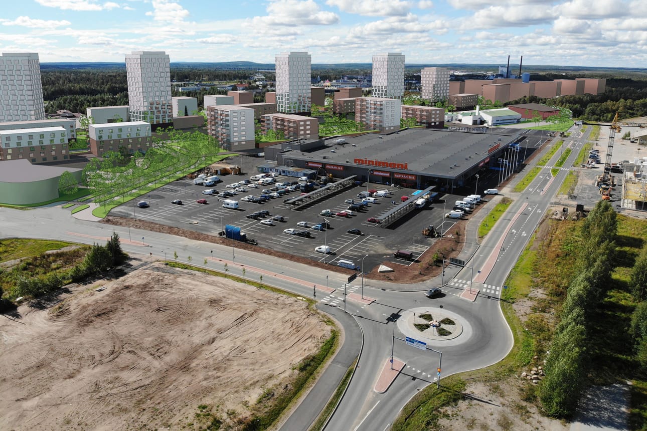 Havainnekuva esittelee Rovaniemen kaupungin kaavailemaa uutta Lampelaa. Alueelle voisi sijoittua hyvinkin korkeaa rakentamista. Minimania vastapäätä Lampelankadun toiselle puolelle nousee Rovaniemen uusi pelastusasema, jota on alettu rakentaa tänä kesänä.