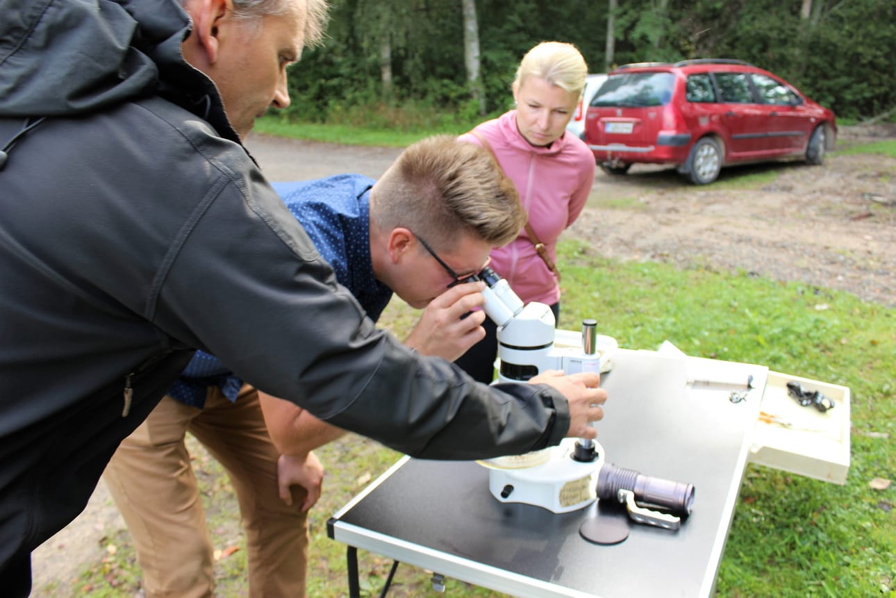 Jyrki Latvala, Juha Herrala ja Erika Saarenpää tutkivat pieniä raakunpoikasia.