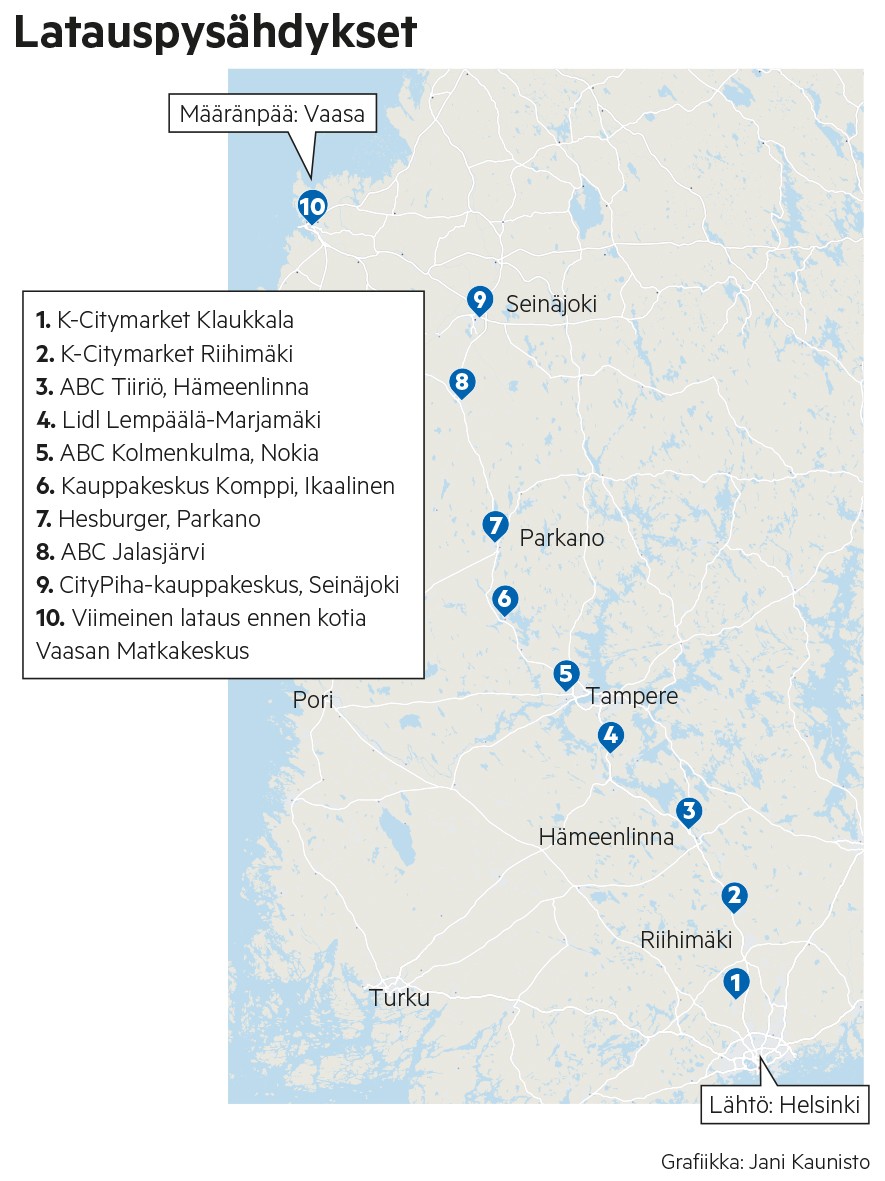 Näin monta latauspysähdystä matka Helsingistä Vaasaan sisälsi. Harhautumiset ja turhat pysähdykset eivät edes ole kartalla.