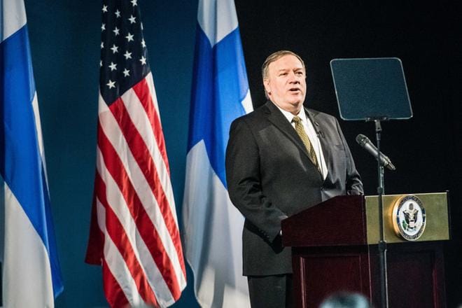 Yhdysvaltojen ulkoministeri Mike Pompeo piti puheen Arktisen neuvoston kokouksessa maanantaina Rovaniemellä. KUVA: JOUNI PORSANGER / HANDOUT