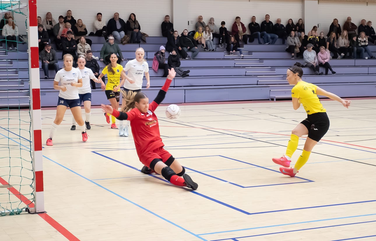 Pauliina Koivistolla oli paikkansa juntata kuulaa verkon perukoille, mutta ei uponnut. Liikuntahallin yleisö haukkoi henkeään.