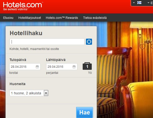 Poliisi saa päivittäin uusia rikos- ja muita ilmoituksia, joissa mainitaan Hotels.com. Krp ja Hotels.com tutkivat tapausta. Kuvakaappaus Hotels.comin suomenkieliseltä etusivulta.