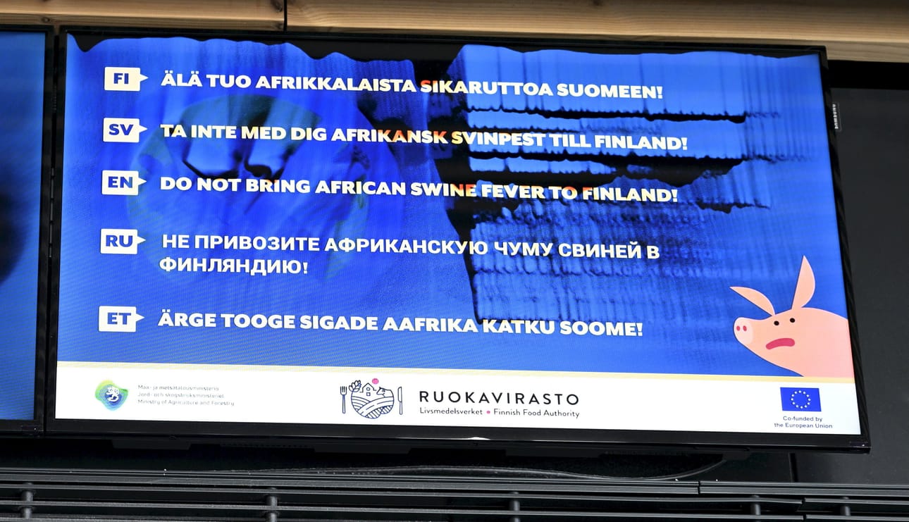 Sikaruton tuloa Suomeen osattiin odottaa. Arkistokuvassa sikarutosta varoittava taulu Helsingin Länsisatamassa syyskuussa 2023.