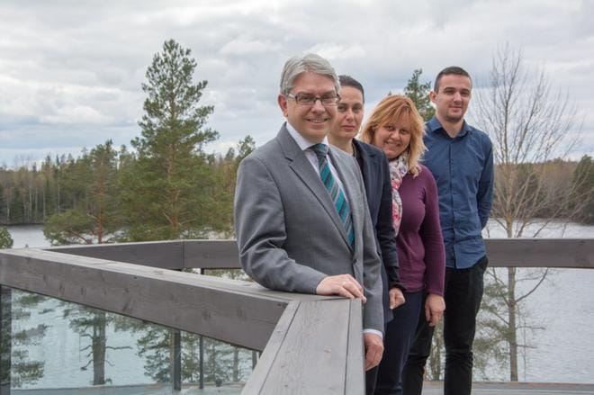 Martin Ivanov, Silvia Krasteva, Evelina Kmetova ja Evelin Koev tutustuivat Ähtäriin alkuviikosta. KUVA: JESSICA RISTIMÄKI
