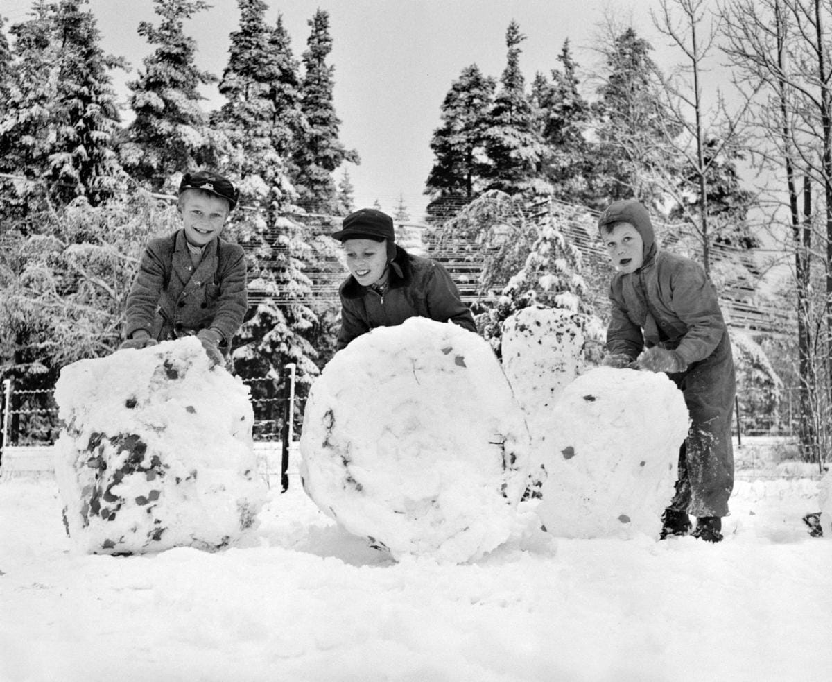 Pojat pyörittävät lumipalloja ensilumesta marraskuussa 1955. LEHTIKUVA / HOLGER EKLUND