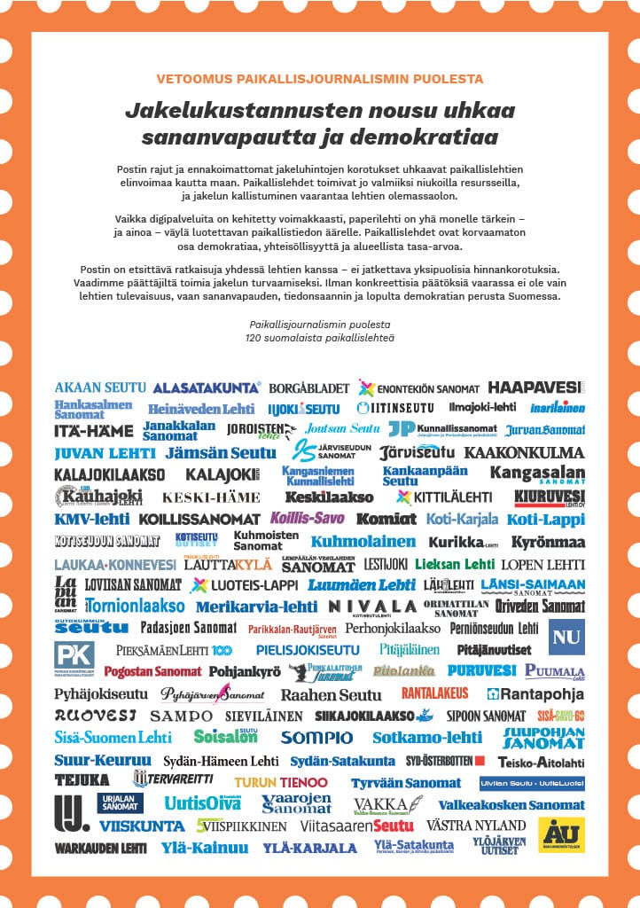 Uutismedian liiton paikallislehdistä valtaosa on mukana vetoomuksessa, jossa vaaditaan painettujen lehtien jakelukustannusten kohtuullistamista.