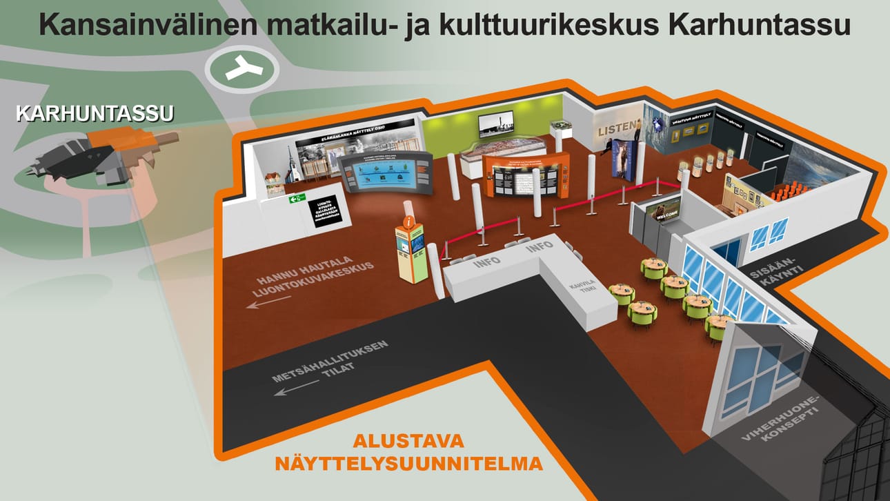 Jotain tällaista Karhuntassuun tulee. Hankkeen kuva on hyvin alustava.