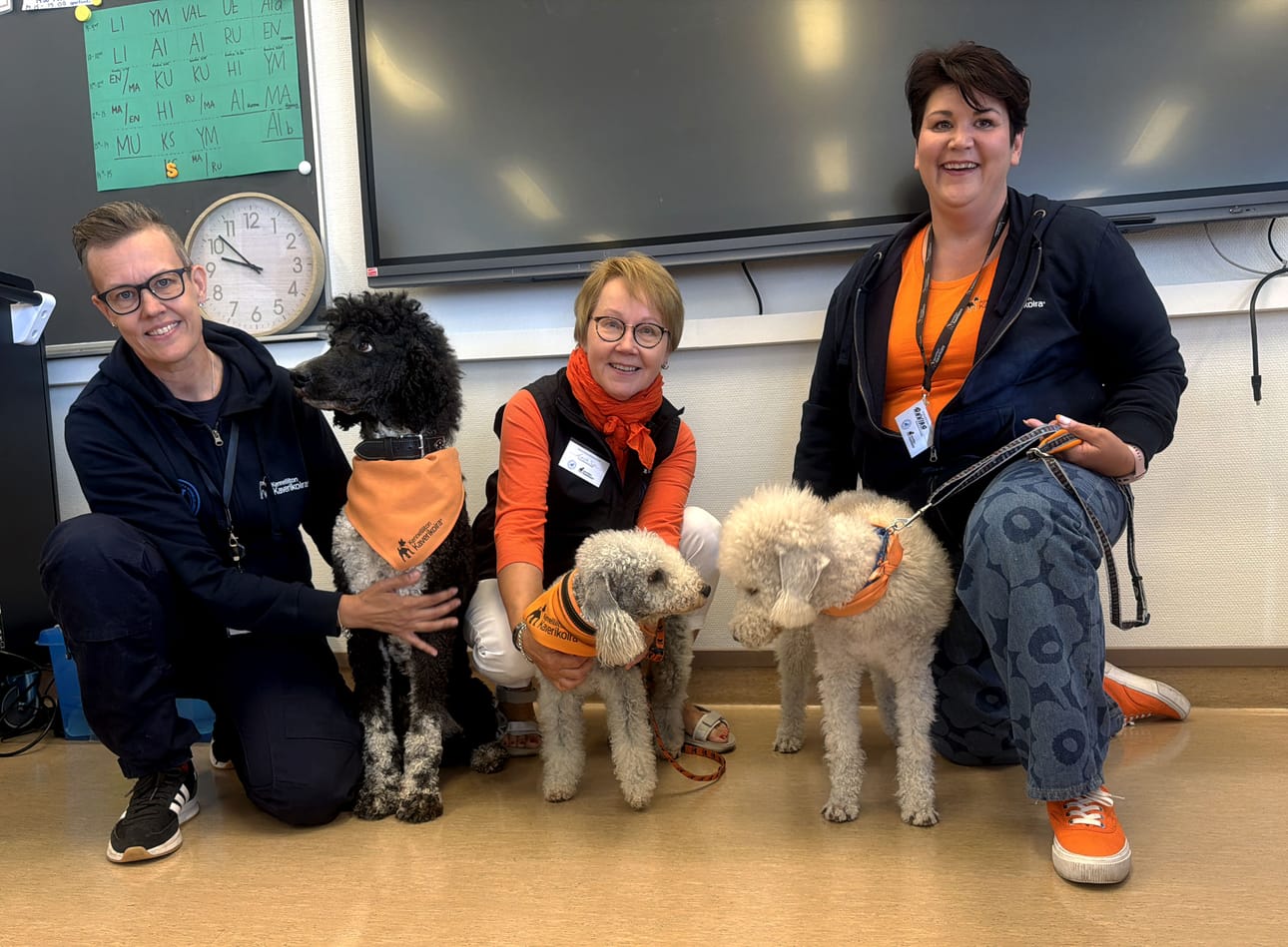 Tiina Lampen (vas.) ja Ossi, Eeva Ojala ja Bitti sekä Annika Saarniketo ja Retu tekevätä tärkeää työtä ilman palkkaa.